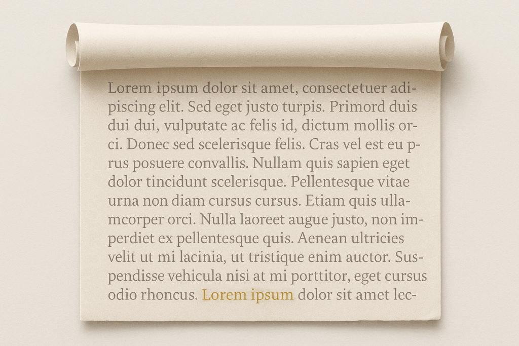 An aged parchment scroll with curled edges, featuring faded Latin text in a clean serif font. The words “Lorem ipsum” are prominently highlighted in gold at the top center, set against a neutral background, evoking a blend of historical and modern design.