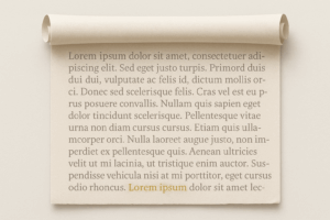 An aged parchment scroll with curled edges, featuring faded Latin text in a clean serif font. The words “Lorem ipsum” are prominently highlighted in gold at the top center, set against a neutral background, evoking a blend of historical and modern design.