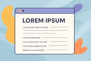 Flat-style illustration of a browser window with rounded corners displaying the heading ‘Lorem Ipsum’ and several lines of placeholder text, set against a backdrop of abstract shapes in soft blues, purples, yellows, and oranges.