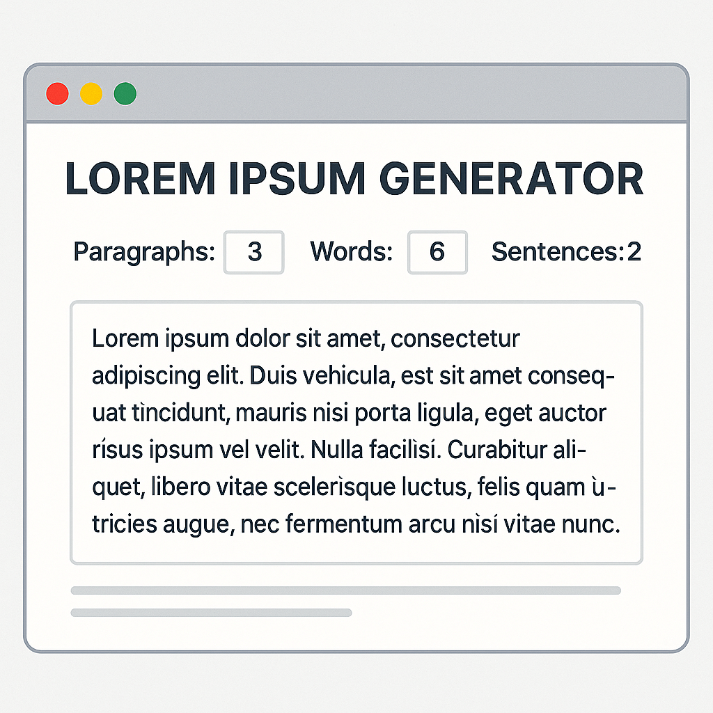 Browser window mockup showing a “Lorem Ipsum Generator” panel with input fields for paragraphs, words, and sentences above a block of placeholder text.