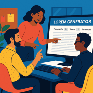 Three designers collaborating around a modern office desk, pointing at a large monitor displaying a lorem ipsum generator interface.
