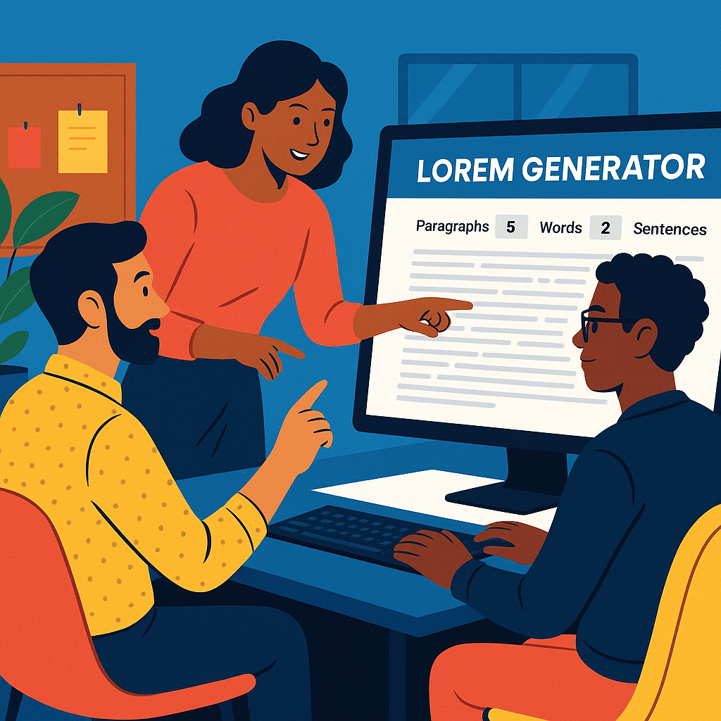 Three designers collaborating around a modern office desk, pointing at a large monitor displaying a lorem ipsum generator interface.